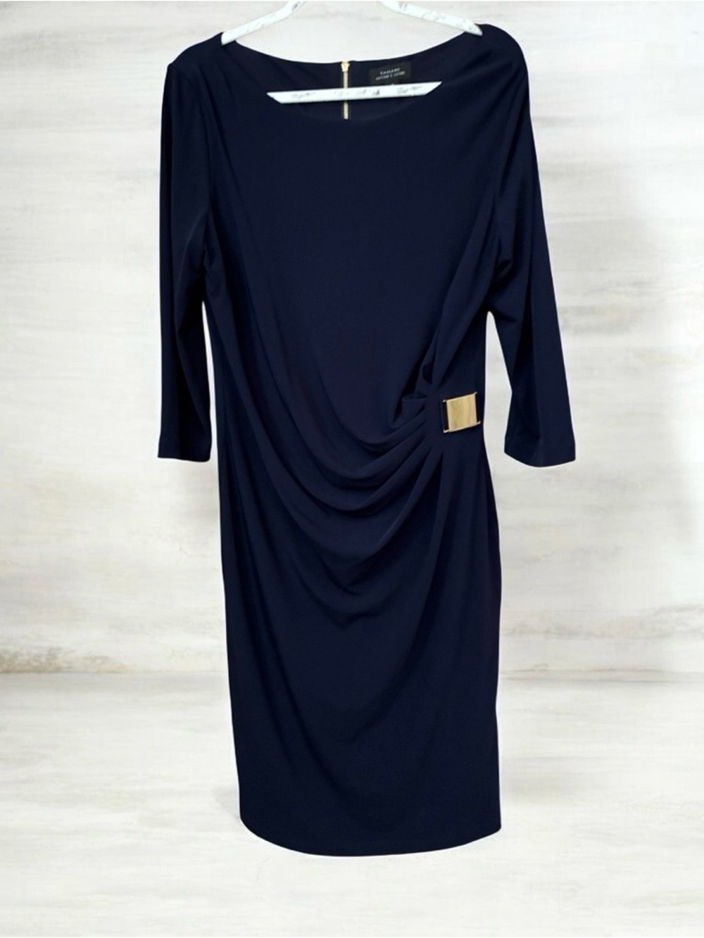 Tahari Navy Long-Sleeve Draped Sheath Dress with Gold Buckle